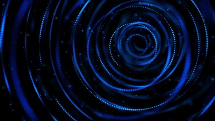 Poster - Abstract animation of neon lines rotating in beautiful neon tunnel and floating particles on the black background. Animation. Abstraction light tunnel from glow circles and particles