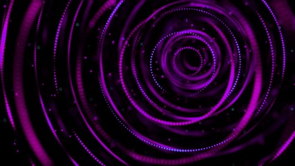 Poster - Abstract animation of neon lines rotating in beautiful neon tunnel and floating particles on the black background. Animation. Abstraction light tunnel from glow circles and particles