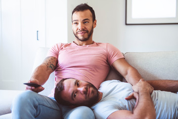 Wall Mural - Portrait of a Cute Male gay homosexual Couple at Home