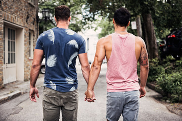 A Portrait of a happy gay couple outdoors in urban background