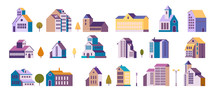 Apartment Houses Vector Illustrations Set. Residential Buildings Design Elements Collection. Isolated Flat Vector Illustration On White Background.