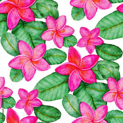 Watercolor seamless pattern with plumeria. Tropical floral print. Beautiful a...