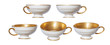 set of vintage granny's, antique tea, coffee cups with gold rim, isolated on white background