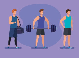 Wall Mural - set of fitness men with bag and weight to exercise