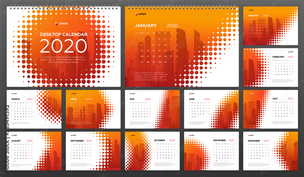 Desk Calendar 2020 template for business. Week starts on Monday. Set of ...