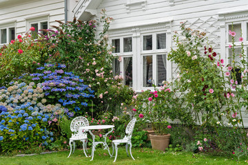 Wall Mural - Garden with table and chairs near traditional Norwegian white wooden house, Stavanger, Norway.