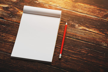 Wall Mural - Notebook with a red pencil on a brown background with warm sunlight, for writing. Free empty space for writing on a blank sheet of a notebook.