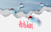 Merry Christmas And Happy New Year With  Dolphin Hat Santa Jump On Air Sky Concept.Holiday Festival Party Landscape.scene Place Of Your Text For Card And Poster.Paper Cut And Craft. Vector.EPS10