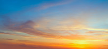 Real Panoramic Sunrise Sundown Sky With Gentle Colorful Clouds