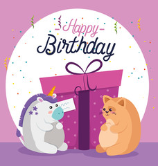 Sticker - unicorn and cat animals with present gift