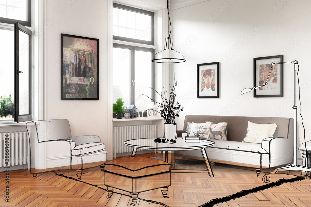 living room with artwork (draft) - 3d illustration - obrazy, fototapety, plakaty 