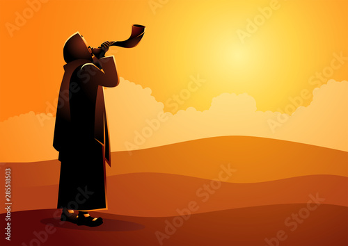 Fotomural Jewish man blowing the Shofar ram’s horn