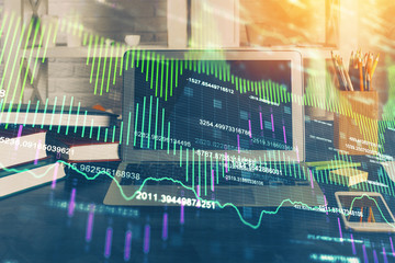 Poster - Double exposure of chart and financial info and work space with computer background. Concept of international online trading.