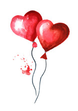 Love And Romance Illustration. Valentines Red Heart Balloons. Watercolor Hand Drawn Illustration, Isolated On White Background