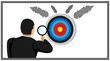 © mei - illustration of an entrepreneur holding a loop lens looking at the target point board.