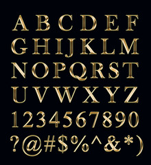 Wall Mural - Golden alphabet, numbers, signs on a black background.