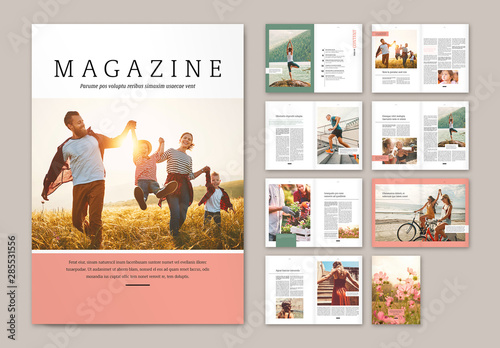 Magazine Layout With Pink And Green Elements Buy This Stock Template And Explore Similar Templates At Adobe Stock Adobe Stock