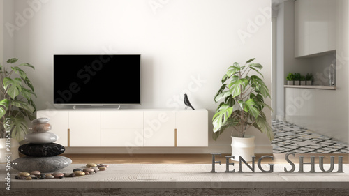 Cuadros en Lienzo White table shelf with pebble balance and 3d letters making the word feng shui o
