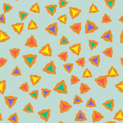 Leinwandbilder - Purim seamless pattern with hamantaschen cookies in cartoon style. Textile ornament with hamantaschen cookies on light background. Design for the decoration of the Jewish holiday of Purim.
