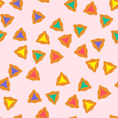 Fototapete - Purim seamless pattern with hamantaschen cookies in cartoon style. Textile ornament with hamantaschen cookies on light background. Design for the decoration of the Jewish holiday of Purim.