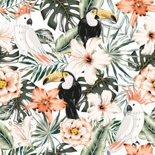 Toucans, Parrots, Hibiscus, Orchid Flowers, Monstera Palm Leaves, White Background. Vector Floral Seamless Pattern. Tropical IllustratioExotic Plants, Birds. Summer Beach Design. Paradise Nature