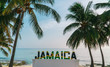 Jamaica sign. Jamaican flag with palm trees. Tropical palm tree and beach background.