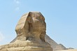 The head of the Great Sphinx of Giza, Cairo, Egypt. The Great Sphinx of Giza,  is a mythical creature with the head of a human and the body of a lion.