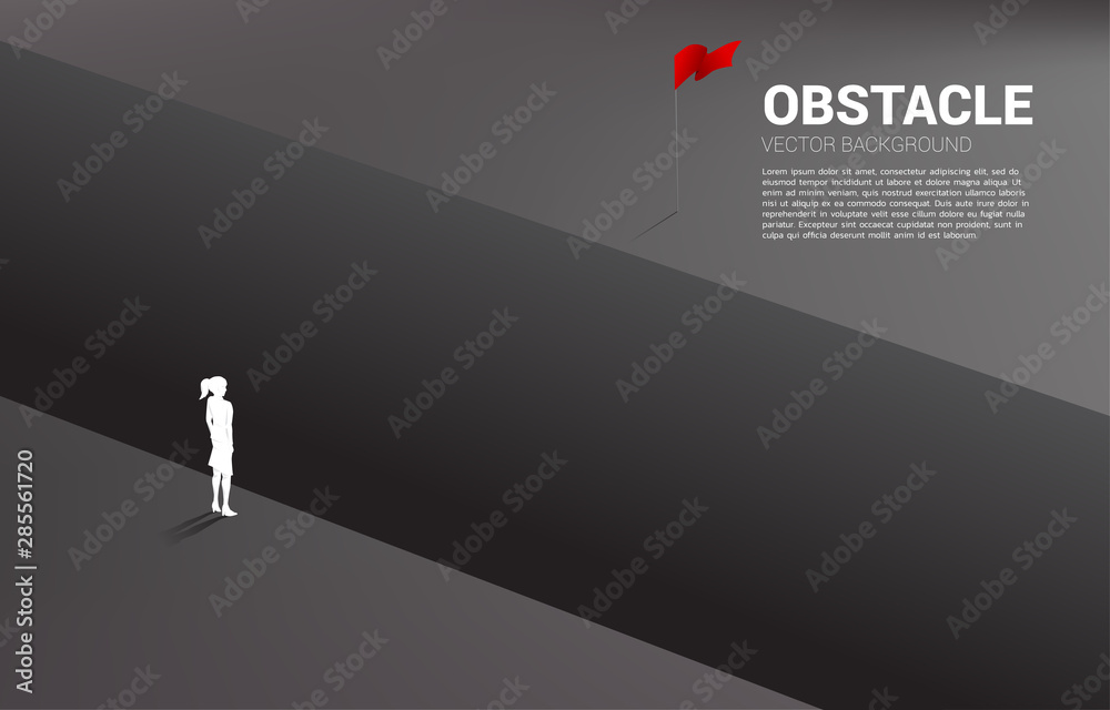 silhouette of businesswoman standing at abyss looking to goal. concept of business challenge and obstacle - obrazy, fototapety, plakaty 