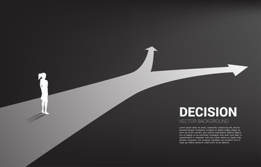 Poster - Silhouette of businesswoman standing at crossroad. Concept of time to make decision in business direction