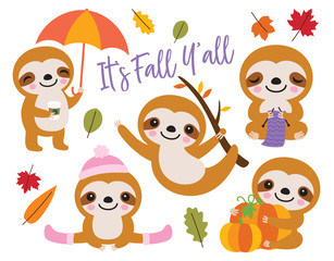 Leinwandbilder - Vector illustration of cute baby sloth with Fall or Autumn theme.