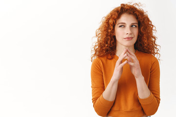 My evil plan is perfect. Hideous gorgeous redhead female scheming something, steeple fingers, squinting cunning and smirk, made-up good idea, thinking, pondering choices, stand white background