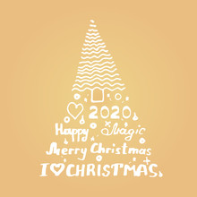 New Year And Christmas Template With Doodles And Handwritten Inscriptions. Lettering - Merry Christmas, I Love Christmas, 2020, Happy, Magic In Gold Gradient Background. EPS8 Vector Illustration