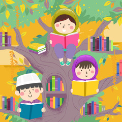 Canvas Print - Kids Muslim Read Tree Books Illustration