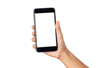 Hand woman holding smartphone with blank screen isolated on white background with clipping path