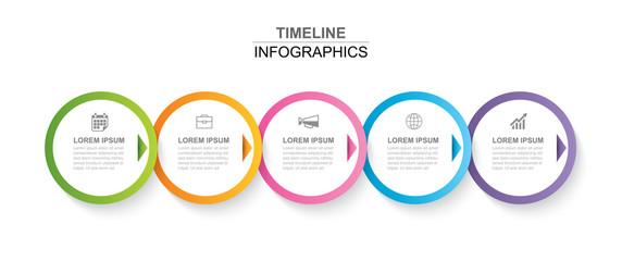 Wall Mural - 5 circle infographic with abstract timeline template. Presentation step business modern background.