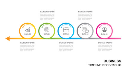 Wall Mural - 5 circle infographic with abstract timeline template. Presentation step business modern background.