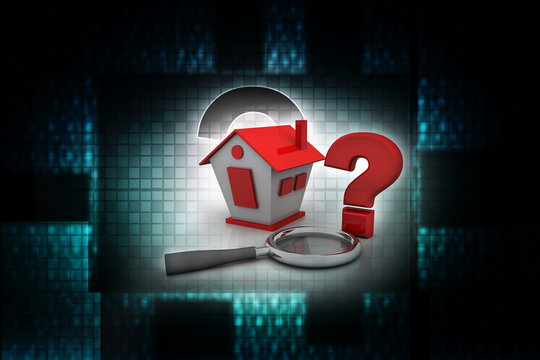 3D rendering House and question mark Symbol search concept