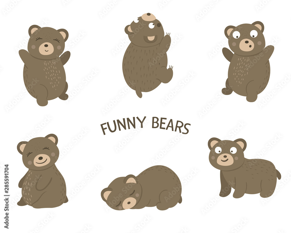 Vector set of cartoon style flat funny bears in different poses. Cute ...