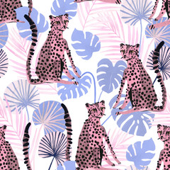 Modern trendy seamless pattern with cute watercolor leopards and tropical leaves.