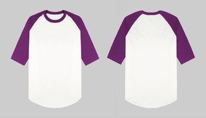 Wall Mural - Set of raglan t shirt in front and back view isolated on background. blank plain raglan 3/4 sleeve purple and white. ready for mockup or presentation your design.