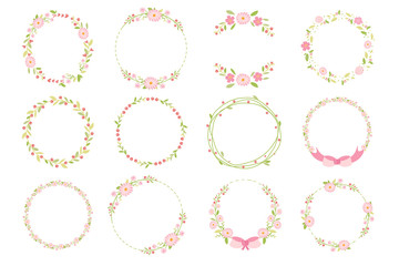 Wall Mural - pink pastel daisy spring wreath doodle flat style collection