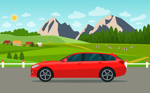 Red Station Wagon Car On The Background Summer Landscape With Village And Herd Of Cows On The Field. Vector Flat Style Illustration.