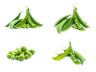 Collection of fresh green peas on white