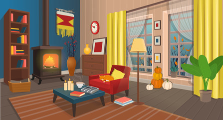 Cozy autumn living room with fireplace, armchair, table, windows, bookshelf,  lamp.Vector illustration in cartoon style.