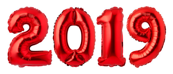 Numbers 2019 made of  red balloons isolated on white background.