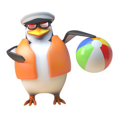 Canvas Print - 3d penguin sailor captain character playing with a beach ball, 3d illustration