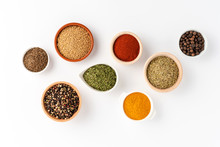 Collection Of Spices Isolated On White Background. Top View