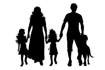 Canvas Print - Vector silhouette of family with dog on white background. Symbol of mother, father, child,husband, wife,daughter,animal, pet.