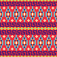 Folk geometric seamless red pattern with meander border shapes texture.
