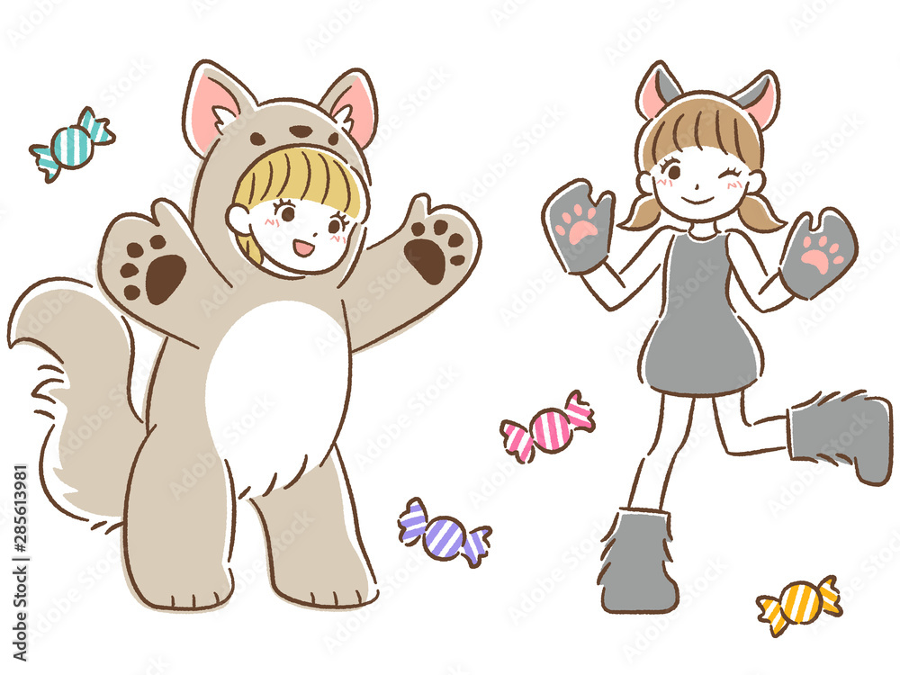狼と黒猫の仮装をした女の子の手描き風ハロウィンイラストセット の 